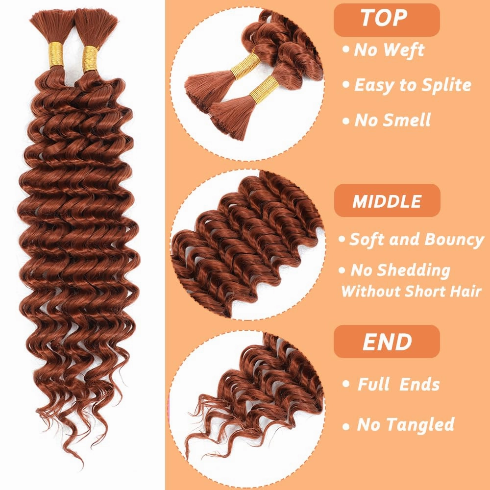 Human Braiding Hair Mix Synthetic Boho Hair for Braiding, 16 Inch Wet and Wavy 2 Pcs Deep Wave Bulk or Curly Bohemian Extensions (350#, 16Inch)
