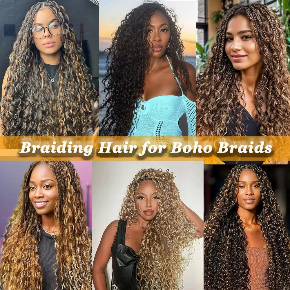Human Braiding Hair Mix Synthetic Boho Hair for Braiding, 16 Inch Wet and Wavy 2 Pcs Deep Wave Bulk or Curly Bohemian Extensions (350#, 16Inch)
