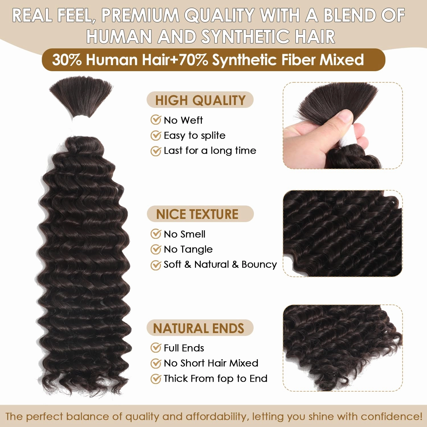 Human Braiding Hair Mixed Synthetic Braiding Hair for Boho Braids 2 Bundles 160g Chocolate Brown Deep Wave Bulk Human Hair for Braiding No Weft Hair Extensions Wet and Wavy Braiding Hair 24inch（4#）