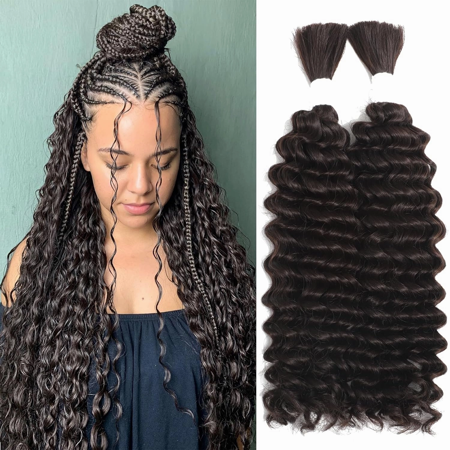 Human Braiding Hair Mixed Synthetic Braiding Hair for Boho Braids 2 Bundles 160g Chocolate Brown Deep Wave Bulk Human Hair for Braiding No Weft Hair Extensions Wet and Wavy Braiding Hair 24inch（4#）