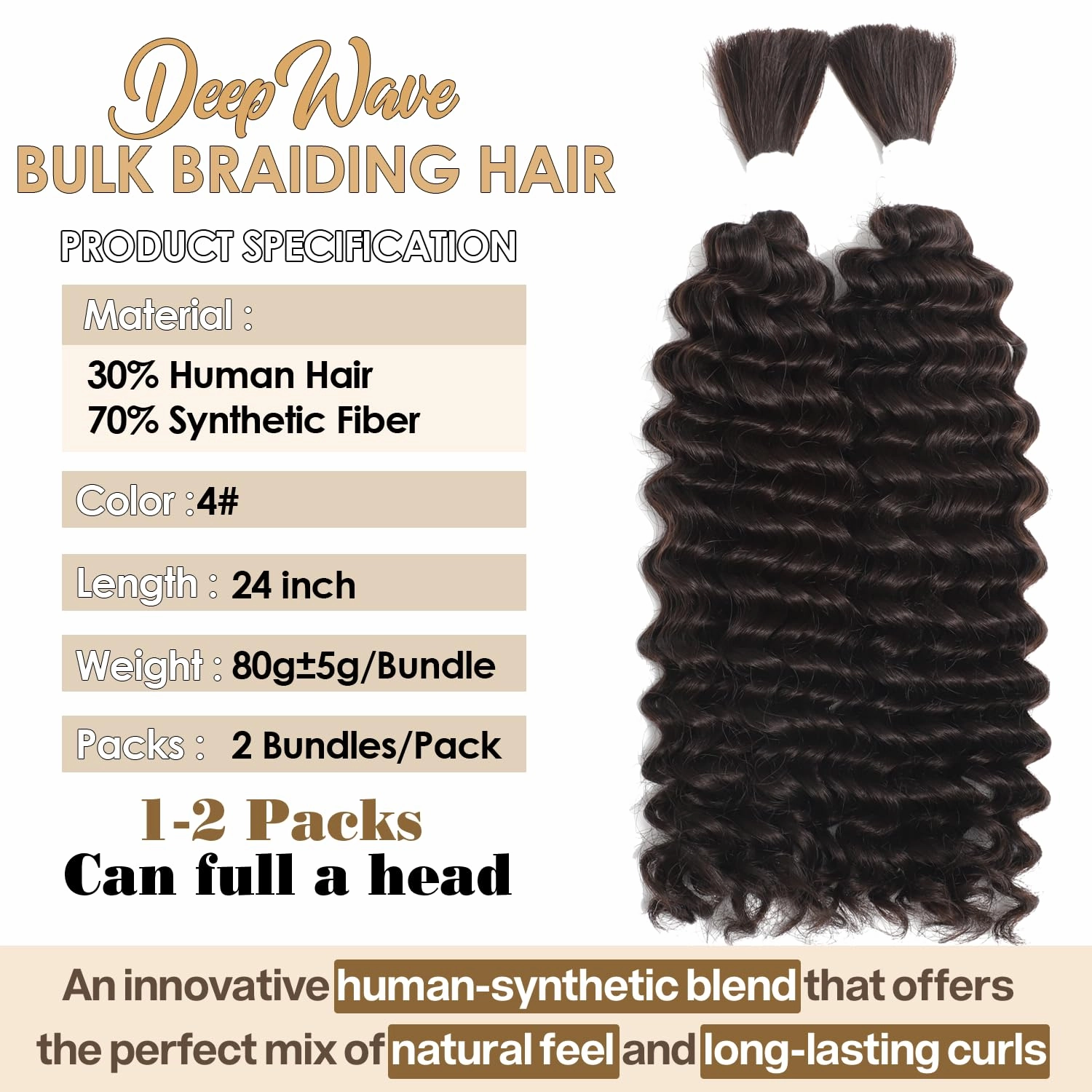 Human Braiding Hair Mixed Synthetic Braiding Hair for Boho Braids 2 Bundles 160g Chocolate Brown Deep Wave Bulk Human Hair for Braiding No Weft Hair Extensions Wet and Wavy Braiding Hair 24inch（4#）