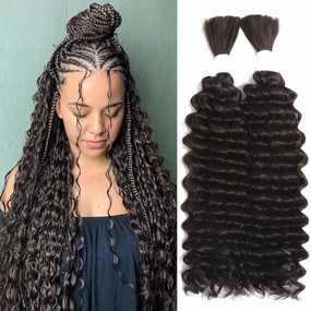 Human Braiding Hair Mixed Synthetic Braiding Hair for Boho Braids 2 Bundles 160g Chocolate Brown Deep Wave Bulk Human Hair for Braiding No Weft Hair Extensions Wet and Wavy Braiding Hair 24inch（4#）
