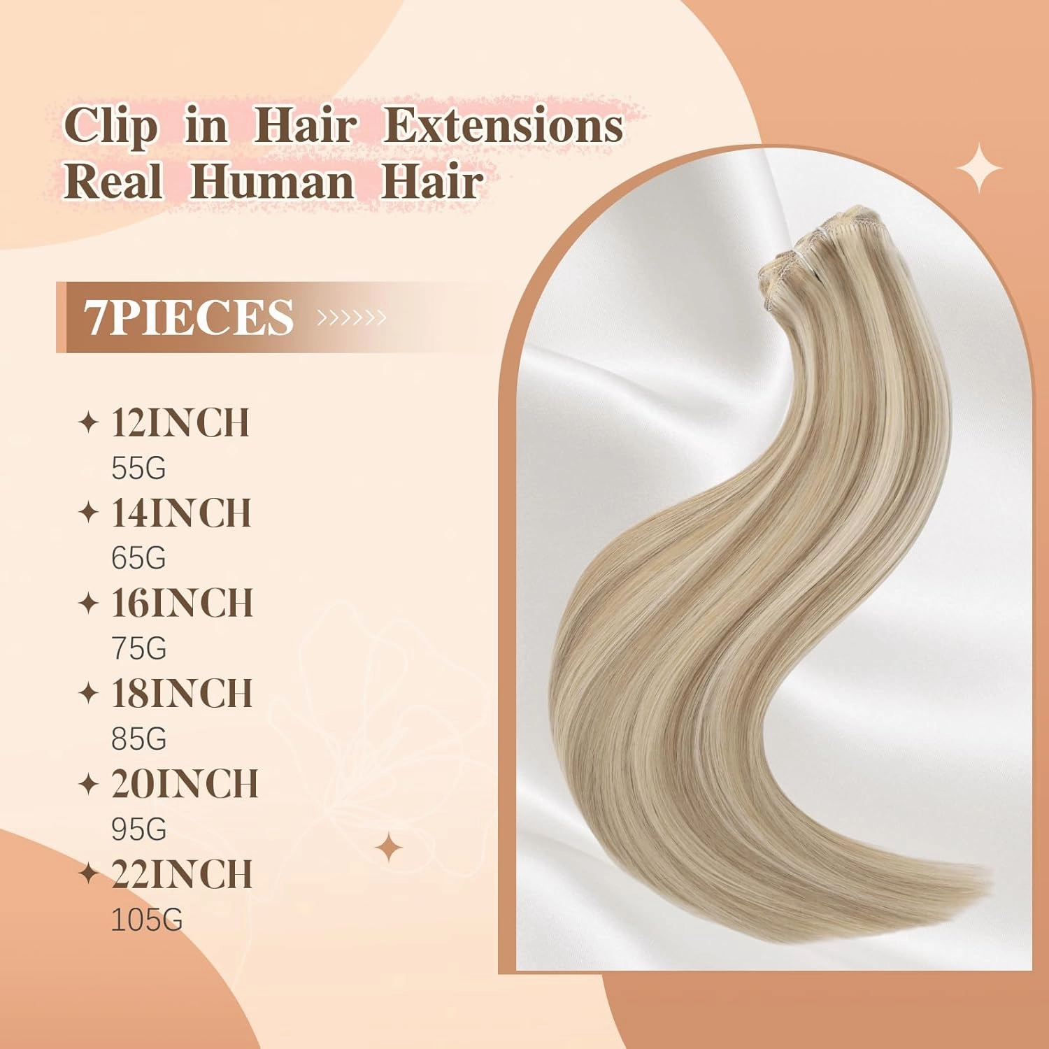Human Hair Clip in Extensions 12 Inch Light Blonde Highlighted Golden Blonde Remy Clip in Hair Extensions Real Human Hair Double Weft Natural Human Hair Straight For Women 55g 7Pcs