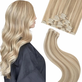 Human Hair Clip in Extensions 12 Inch Light Blonde Highlighted Golden Blonde Remy Clip in Hair Extensions Real Human Hair Double Weft Natural Human Hair Straight For Women 55g 7Pcs