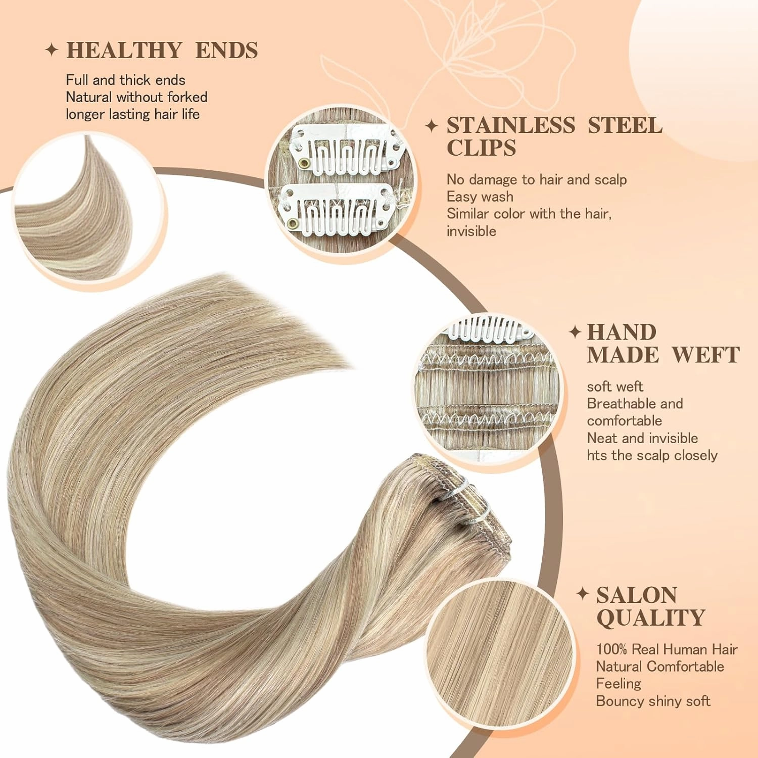 Human Hair Clip in Extensions 12 Inch Light Blonde Highlighted Golden Blonde Remy Clip in Hair Extensions Real Human Hair Double Weft Natural Human Hair Straight For Women 55g 7Pcs