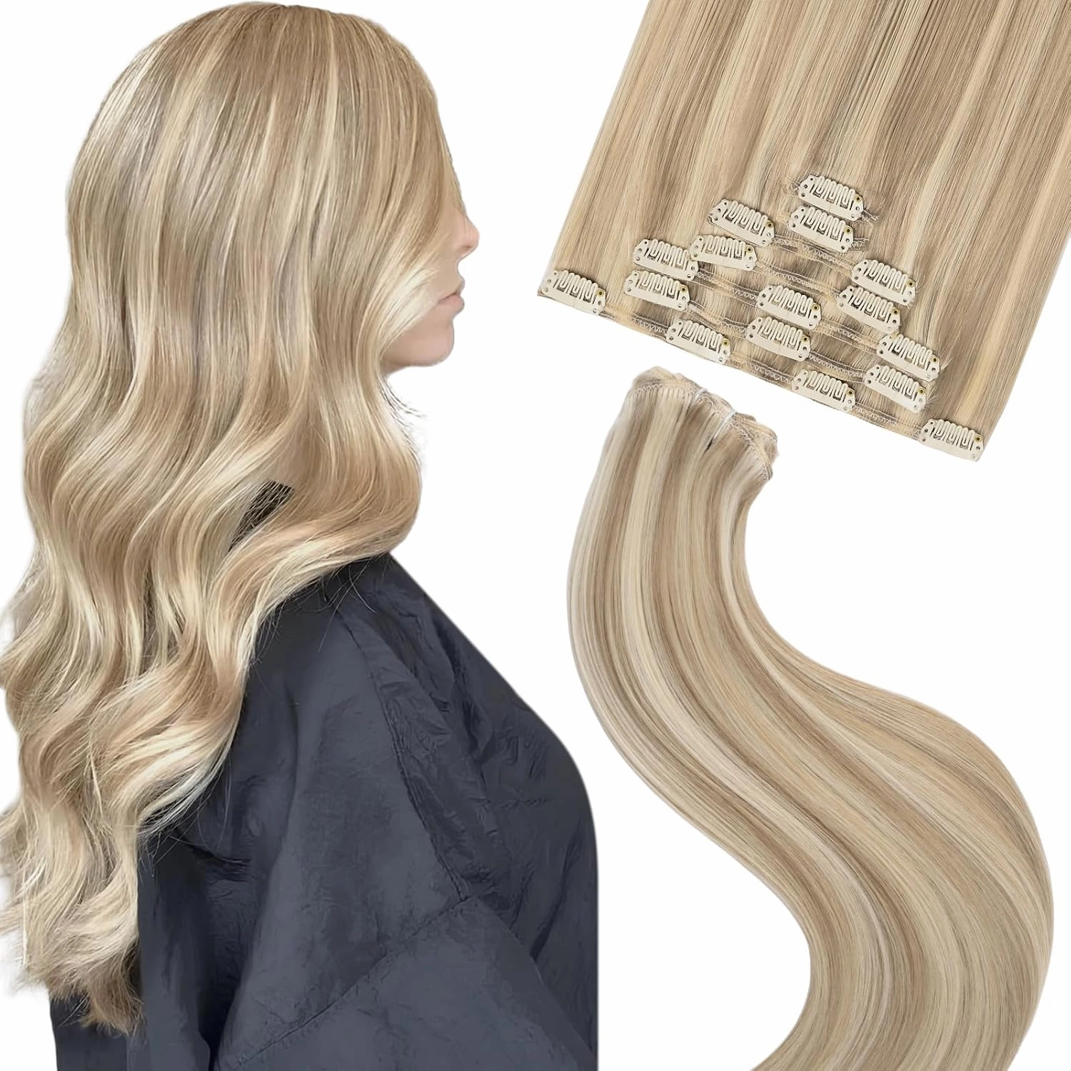 Human Hair Clip in Extensions 12 Inch Light Blonde Highlighted Golden Blonde Remy Clip in Hair Extensions Real Human Hair Double Weft Natural Human Hair Straight For Women 55g 7Pcs