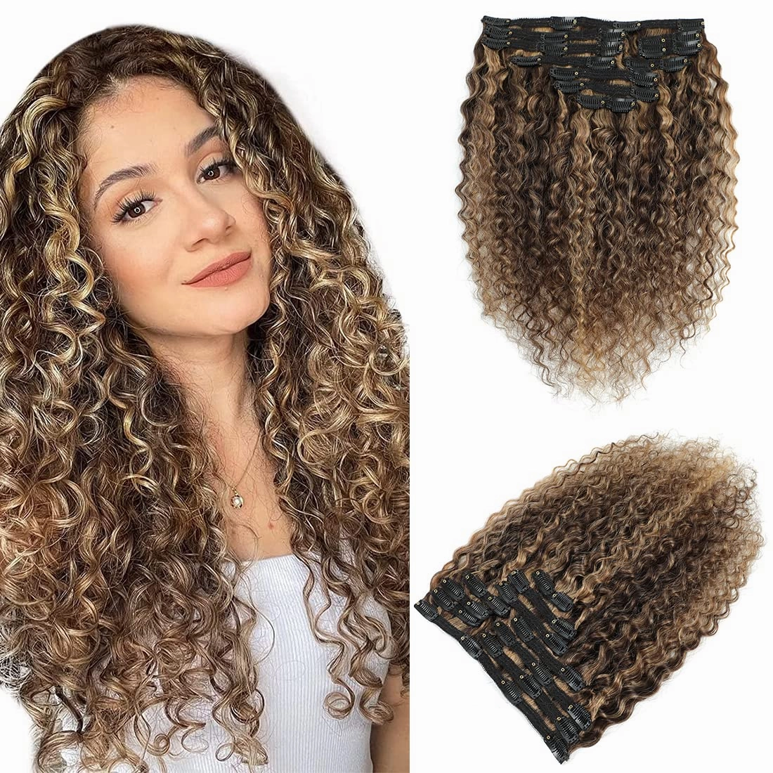 Human Hair Clip in Extensions for Black Women 4/27 Water Wavy Curly Clip in Hair Extensions Real Human Hair 4/27 Chocolate Brown Mix Blonde Urbeauty Highlight Clip Ins Natural Hair 10Pcs/120g
