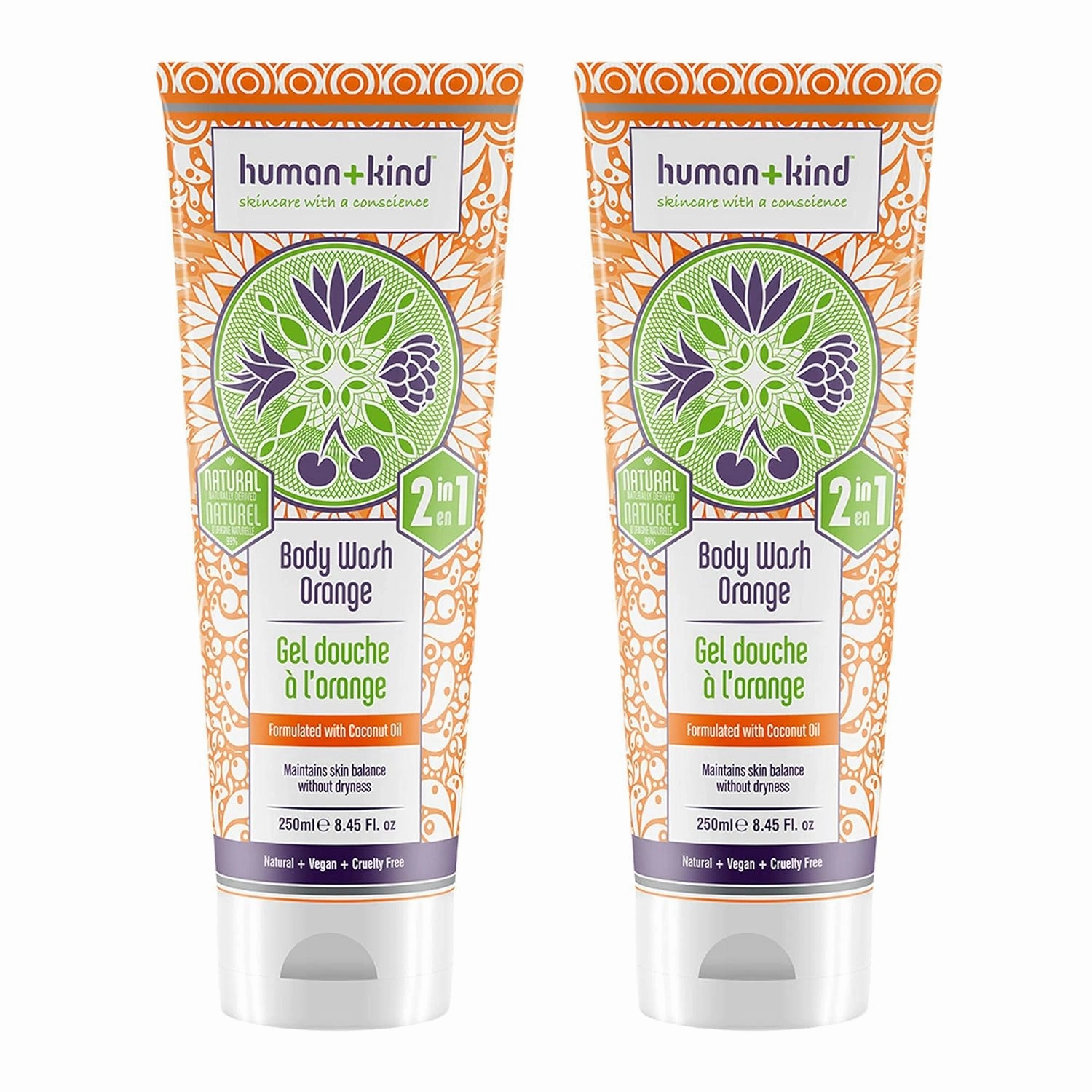 Human kind Body Wash | Nourishes Dry Skin With Coconut Oil | Sls-free, Gentle Enough for Hair & Scalp | Natural, Vegan Skin Care | Orange Scent - 8.45 Fl Oz, 2count