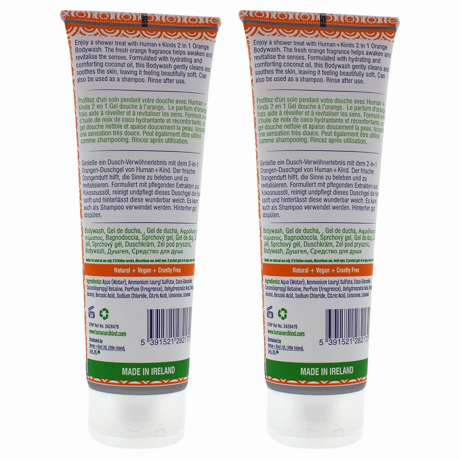 Human kind Body Wash | Nourishes Dry Skin With Coconut Oil | Sls-free, Gentle Enough for Hair & Scalp | Natural, Vegan Skin Care | Orange Scent - 8.45 Fl Oz, 2count