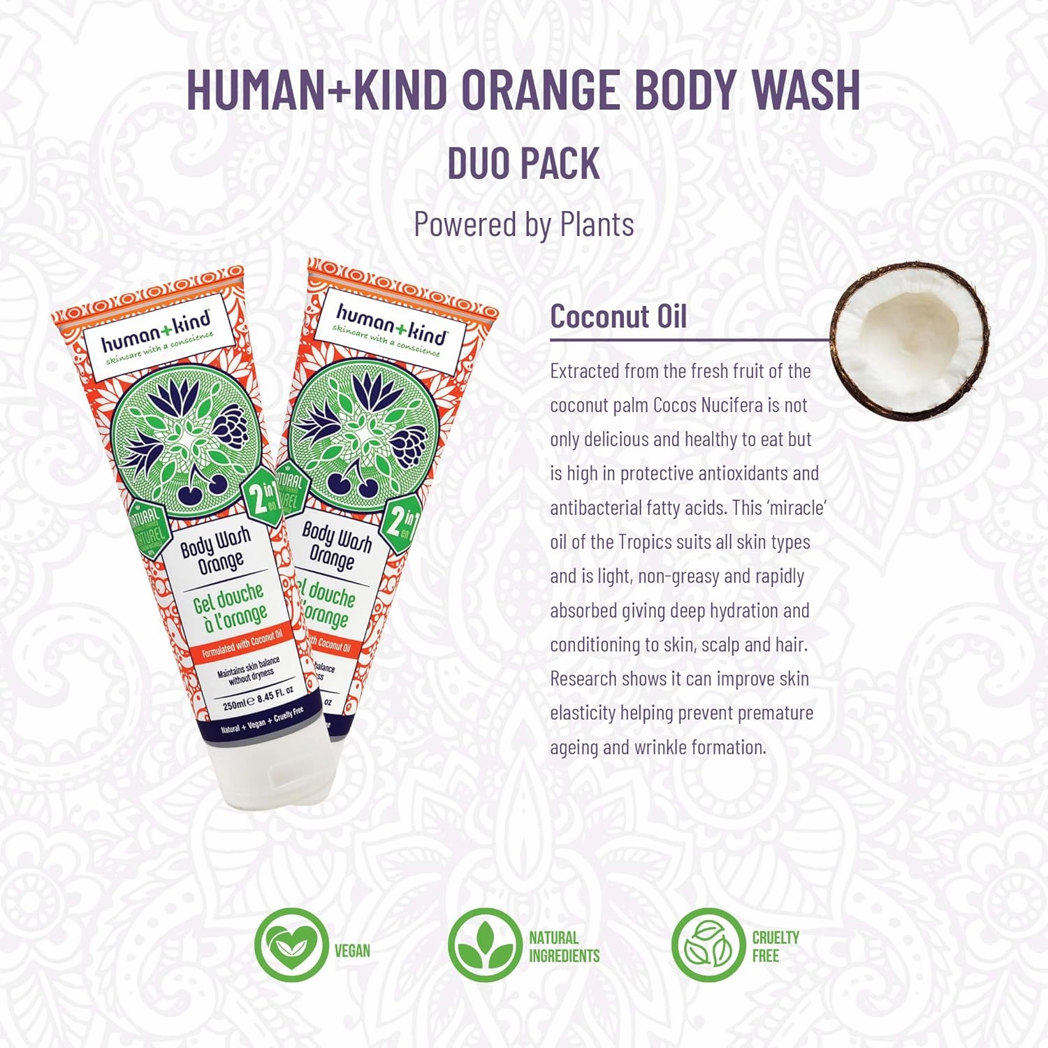 Human kind Body Wash | Nourishes Dry Skin With Coconut Oil | Sls-free, Gentle Enough for Hair & Scalp | Natural, Vegan Skin Care | Orange Scent - 8.45 Fl Oz, 2count