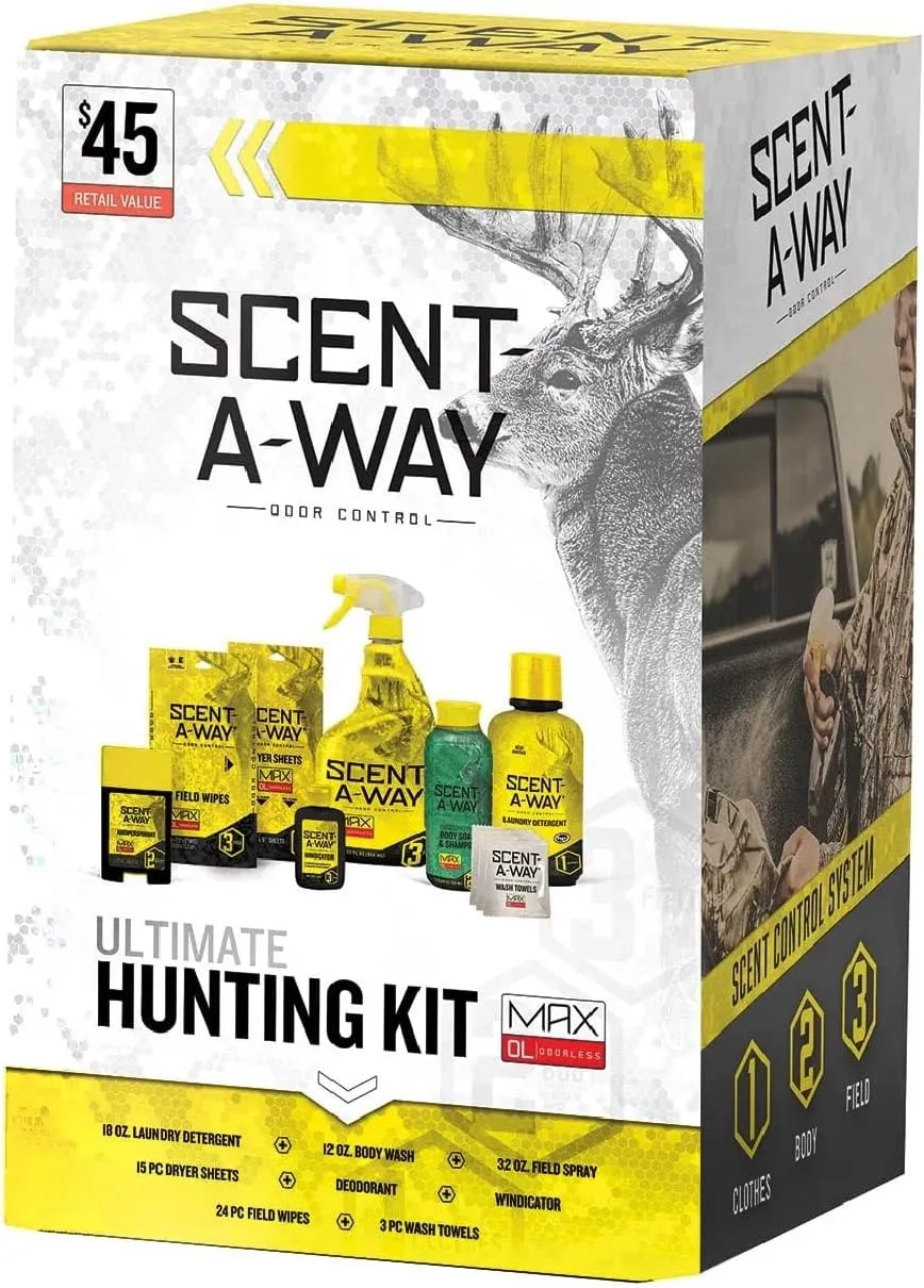 Hunters Specialties Saw Max Ultimate Odorless Hunting Kit - 18Oz Laundry Detergent, 15 Dryer Sheets, 12oz Shampoo, Antipersperant, 32Oz Field Spray, 24 Field Wipes, 3 Wash Towels, Windicator