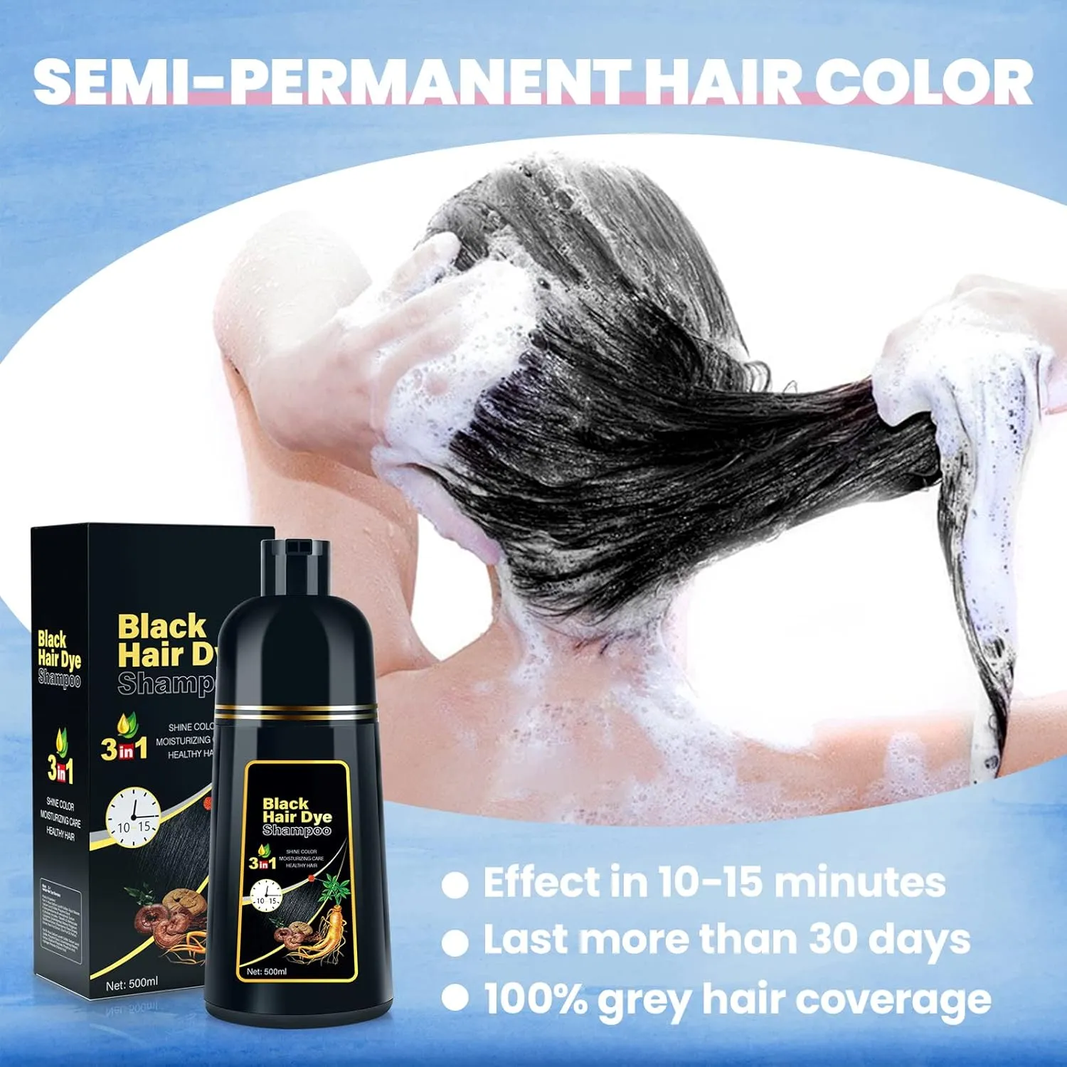 IIIMEIDU Hair Dye Shampoo for Gray Hair Coverage, 3 in 1 Natural Black Dye for Women Men, 500ml