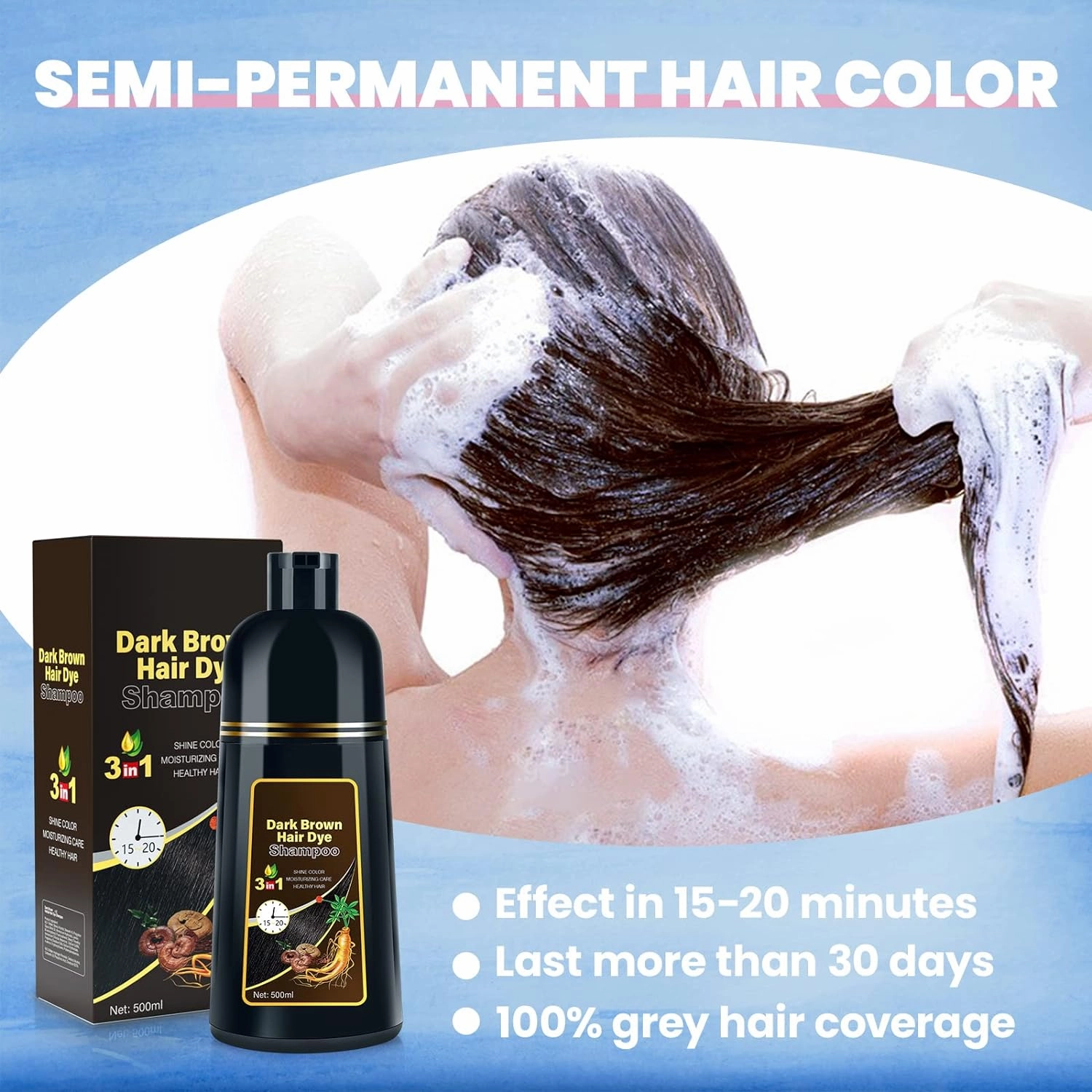 IIIMEIDU Dark Brown Hair Dye Shampoo 3 in 1 for Gray Hair, Herbal Ingredients Shampoo Hair Dye for Women Men, Grey Coverage 500ml