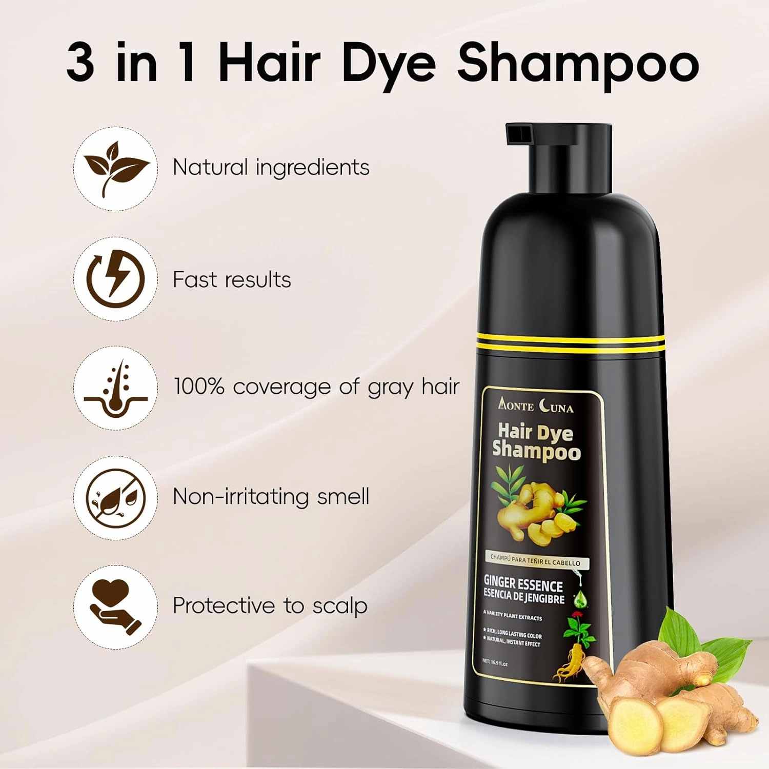 IIIMEIDU Darkbrown Hair Dye Shampoo 3 in 1, Natural Hair Dye Semi Permanent Hair Color, Gray Hair Cover Up, Ginger Essence shampoo for Color Treated Hair for Women and Men (500ml) 1