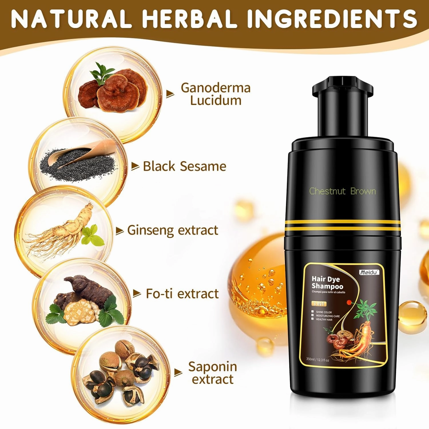 IIIMEIDU Hair Dye Shampoo 3 in 1, Natural Hair Color Shampoo for Gray Hair, Shampoo Tinte Para el Cabello for Women and Men 100% Grey Hair Coverage, 350ml, Chestnutbrown 1
