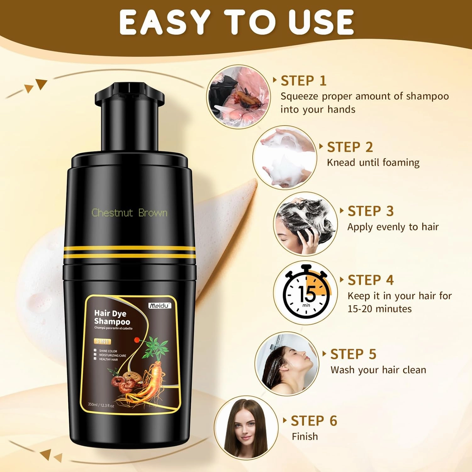 IIIMEIDU Hair Dye Shampoo 3 in 1, Natural Hair Color Shampoo for Gray Hair, Shampoo Tinte Para el Cabello for Women and Men 100% Grey Hair Coverage, 350ml, Chestnutbrown 1