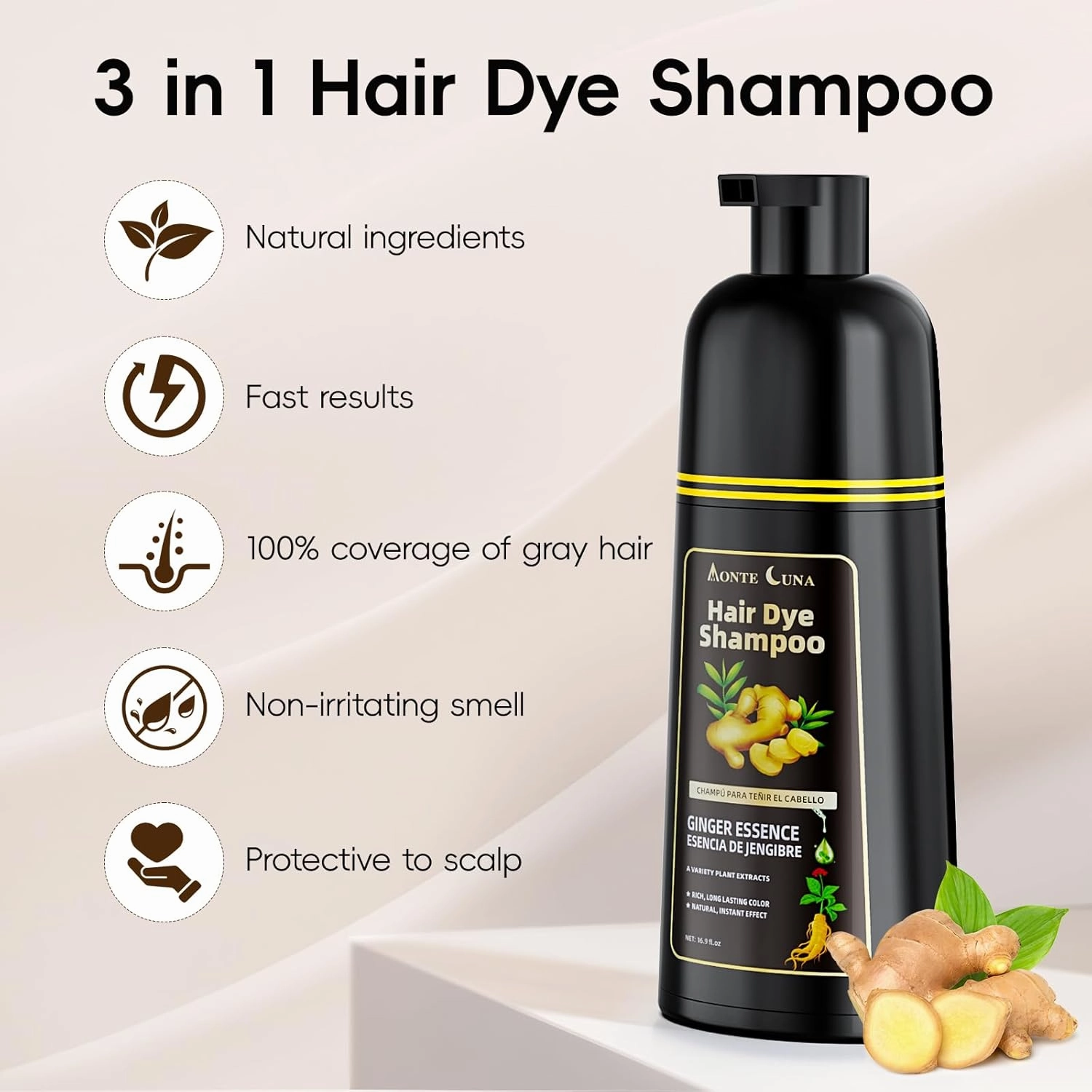IIIMEIDU Hair Dye Shampoo 3 in 1, Natural Hair Dye Semi Permanent Hair Color, Gray Hair Cover Up, Ginger Essence shampoo for Color Treated Hair for Women and Men (500ml) 1