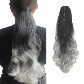 iLUU Claw Ponytail Synthetic Hair Extensions Clip on Hairpiece 24" 130g Ombre Color Natural Black to Silver Curly Wavy Clip in Pony Tail with Jaw for Women Girls Lady Party