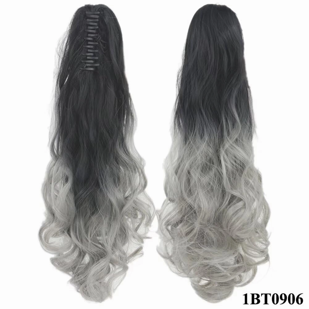 iLUU Claw Ponytail Synthetic Hair Extensions Clip on Hairpiece 24" 130g Ombre Color Natural Black to Silver Curly Wavy Clip in Pony Tail with Jaw for Women Girls Lady Party