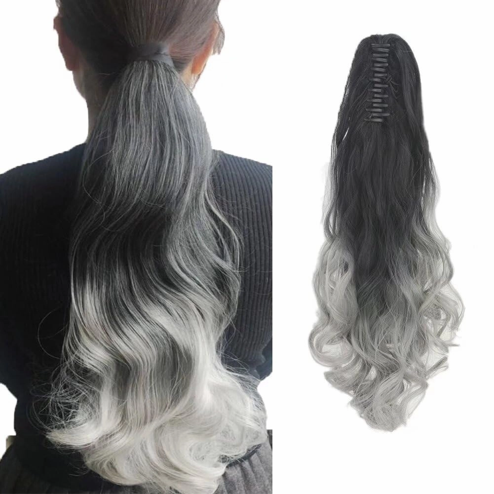 iLUU Claw Ponytail Synthetic Hair Extensions Clip on Hairpiece 24" 130g Ombre Color Natural Black to Silver Curly Wavy Clip in Pony Tail with Jaw for Women Girls Lady Party