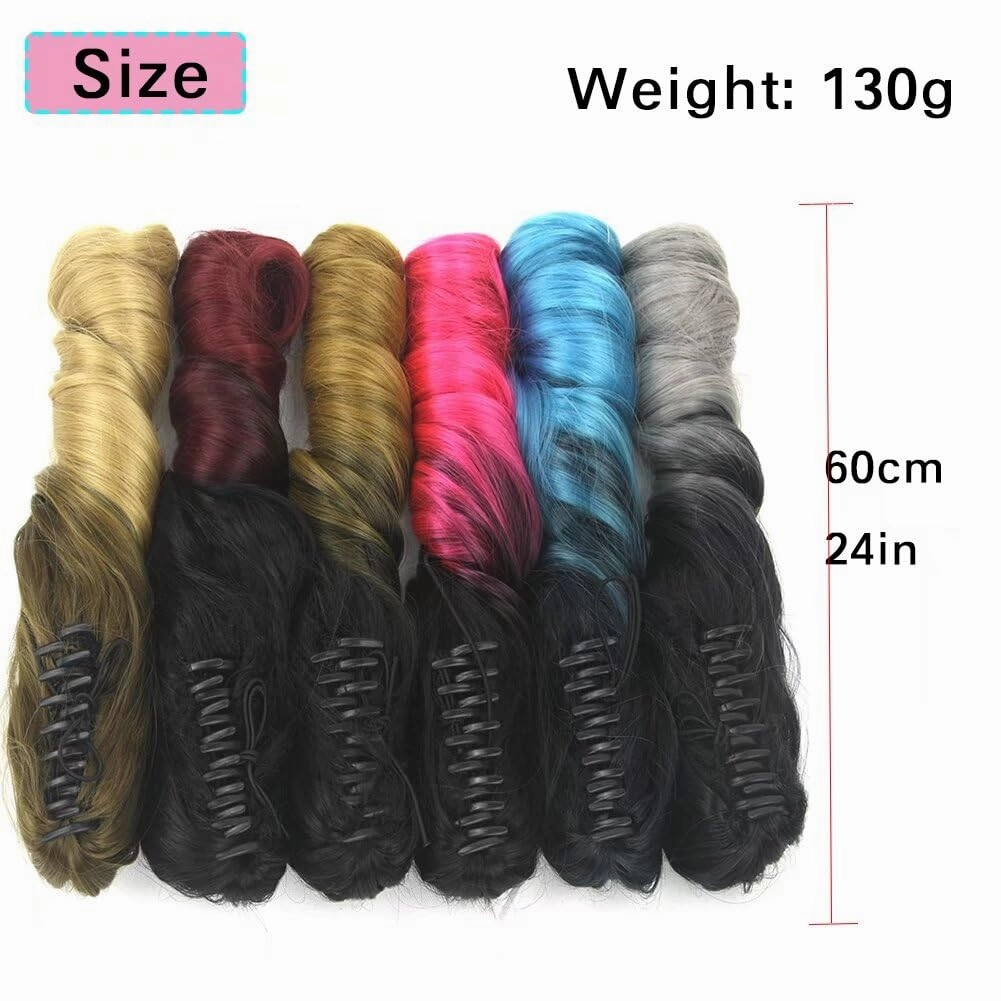 iLUU Hairpiece Long Wavy Ombre 24" Claw Clip On Hair Jaw Pony Tail Synthetic Hairpiece Heat Resistant Ponytail 130g Thick Ombre Color Hair Extensions for Women (1B/113B, Natural Black/Red)