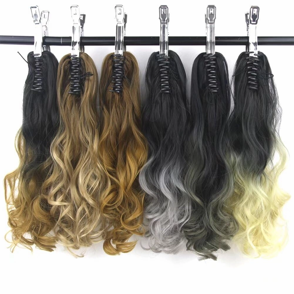 iLUU Hairpiece Long Wavy Ombre 24" Claw Clip On Hair Jaw Pony Tail Synthetic Hairpiece Heat Resistant Ponytail 130g Thick Ombre Color Hair Extensions for Women (1B/113B, Natural Black/Red)