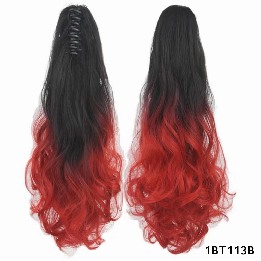 iLUU Hairpiece Long Wavy Ombre 24" Claw Clip On Hair Jaw Pony Tail Synthetic Hairpiece Heat Resistant Ponytail 130g Thick Ombre Color Hair Extensions for Women (1B/113B, Natural Black/Red)
