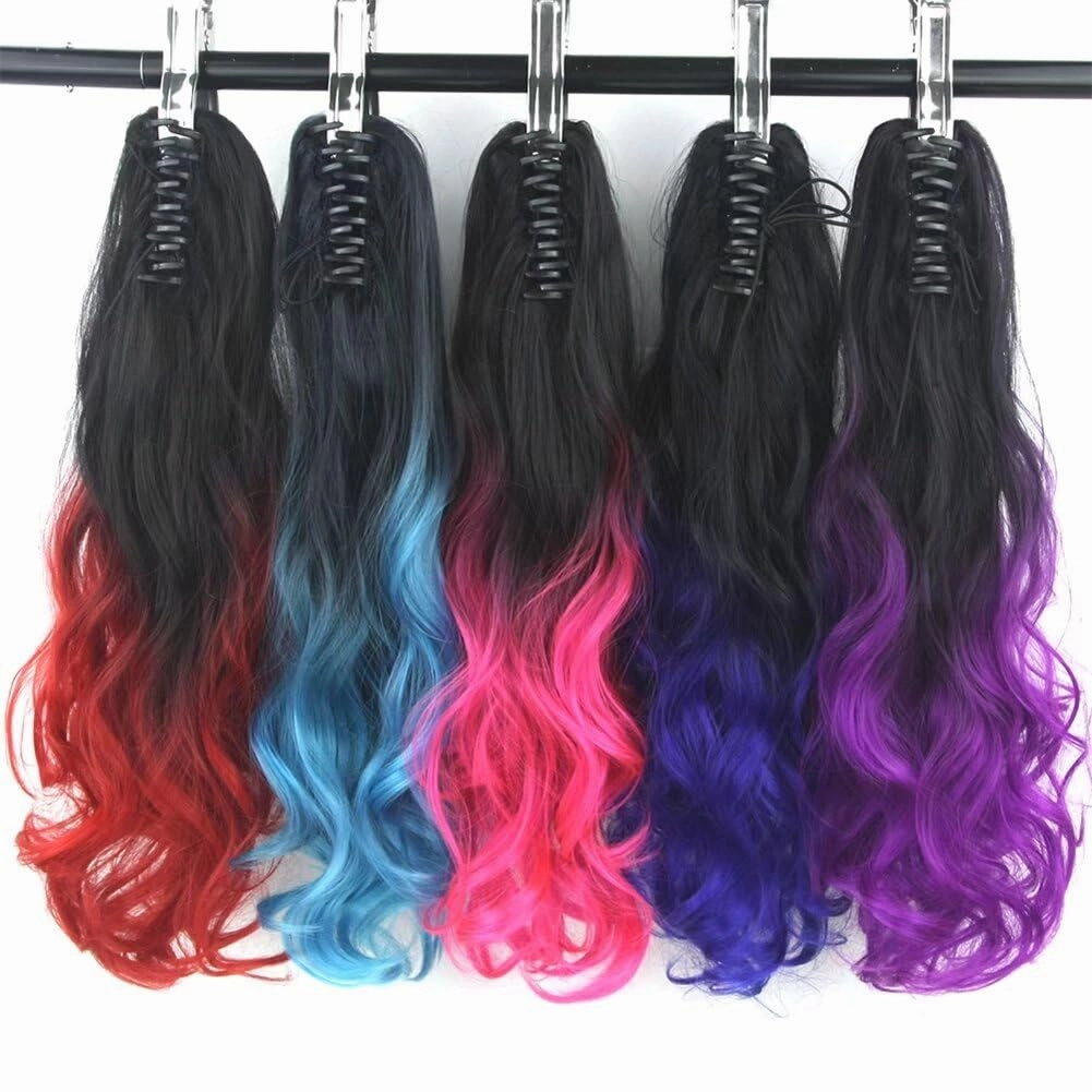 iLUU Hairpiece Long Wavy Ombre 24" Claw Clip On Hair Jaw Pony Tail Synthetic Hairpiece Heat Resistant Ponytail 130g Thick Ombre Color Hair Extensions for Women (1B/113B, Natural Black/Red)