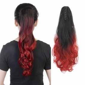 iLUU Hairpiece Long Wavy Ombre 24" Claw Clip On Hair Jaw Pony Tail Synthetic Hairpiece Heat Resistant Ponytail 130g Thick Ombre Color Hair Extensions for Women (1B/113B, Natural Black/Red)