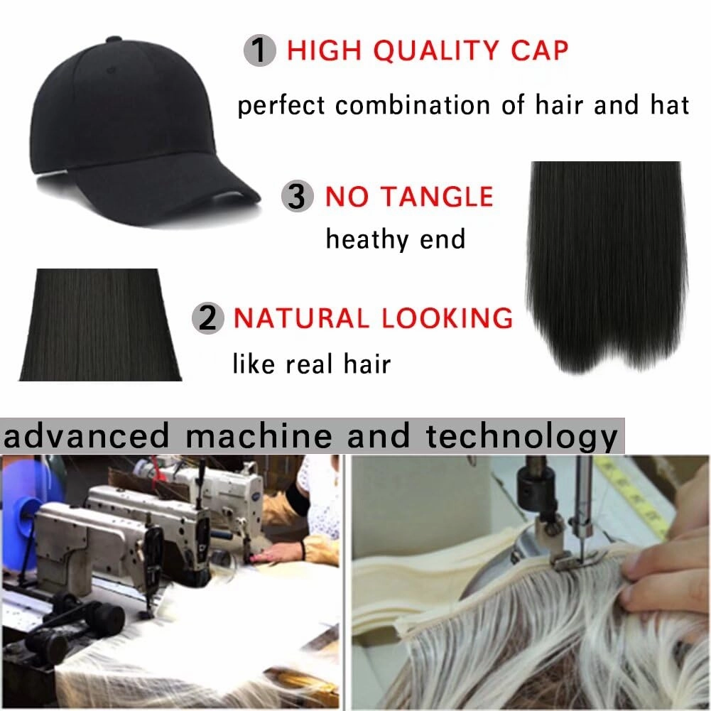 iLUU Hat Hair Extension Baseball Cap With Dark Brown Hairpieces Straight Long Hair With Baseball Hat Attached Adjustable Cap Synthetic Hair Extensions for Girl and Women (24"/60cm, Dark Brown)