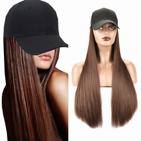 iLUU Hat Hair Extension Baseball Cap With Dark Brown Hairpieces Straight Long Hair With Baseball Hat Attached Adjustable Cap Synthetic Hair Extensions for Girl and Women (24"/60cm, Dark Brown)