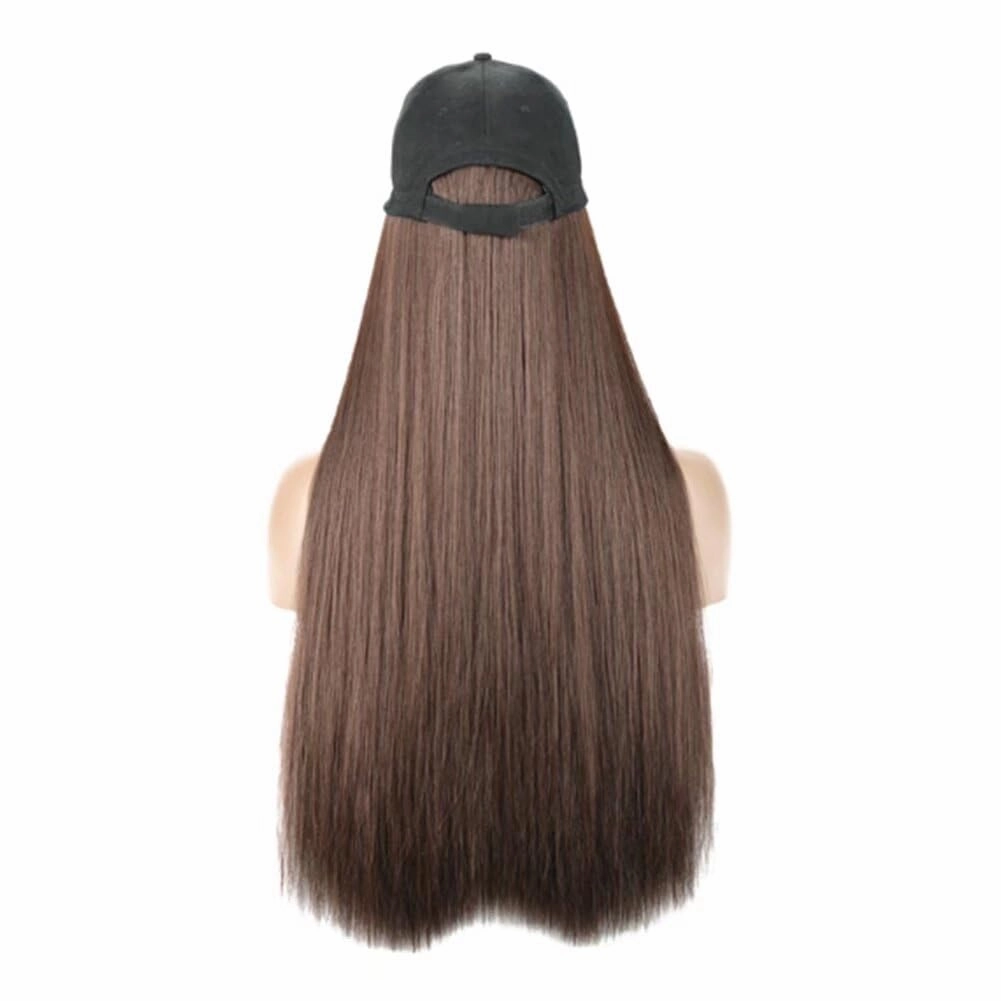 iLUU Hat Hair Extension Baseball Cap With Dark Brown Hairpieces Straight Long Hair With Baseball Hat Attached Adjustable Cap Synthetic Hair Extensions for Girl and Women (24"/60cm, Dark Brown)