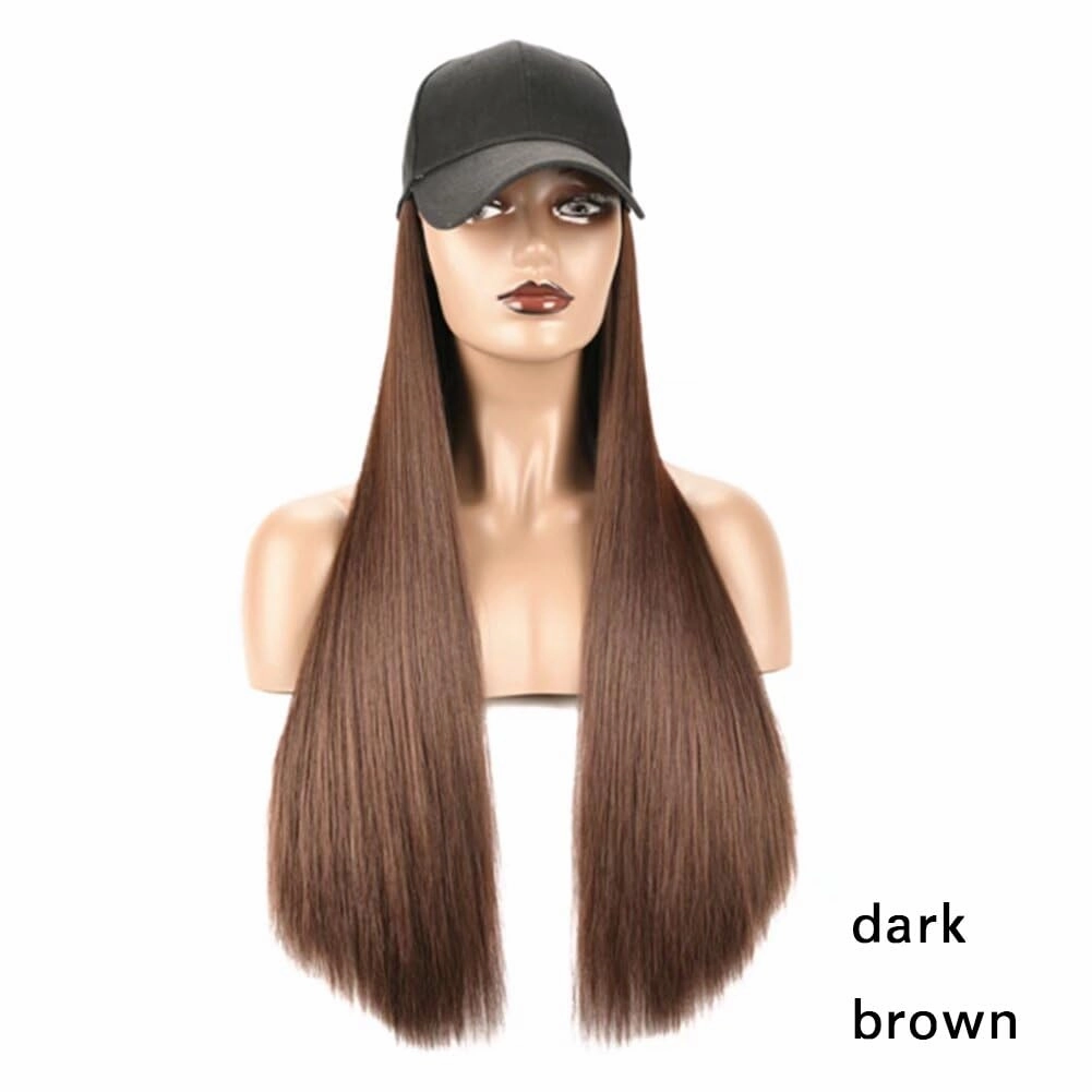 iLUU Hat Hair Extension Baseball Cap With Dark Brown Hairpieces Straight Long Hair With Baseball Hat Attached Adjustable Cap Synthetic Hair Extensions for Girl and Women (24"/60cm, Dark Brown)