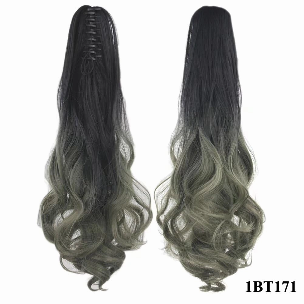 iLUU Ombre Color Ponytail Synthetic Hair Extensions Natural Black to Grey Color Two Tone Claw in Ponytail Hair Extension Long Curly Wavy Hairpiece 24" 130G/Set Pony Tail 1BT171 for Women