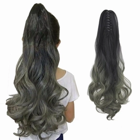 iLUU Ombre Color Ponytail Synthetic Hair Extensions Natural Black to Grey Color Two Tone Claw in Ponytail Hair Extension Long Curly Wavy Hairpiece 24" 130G/Set Pony Tail 1BT171 for Women