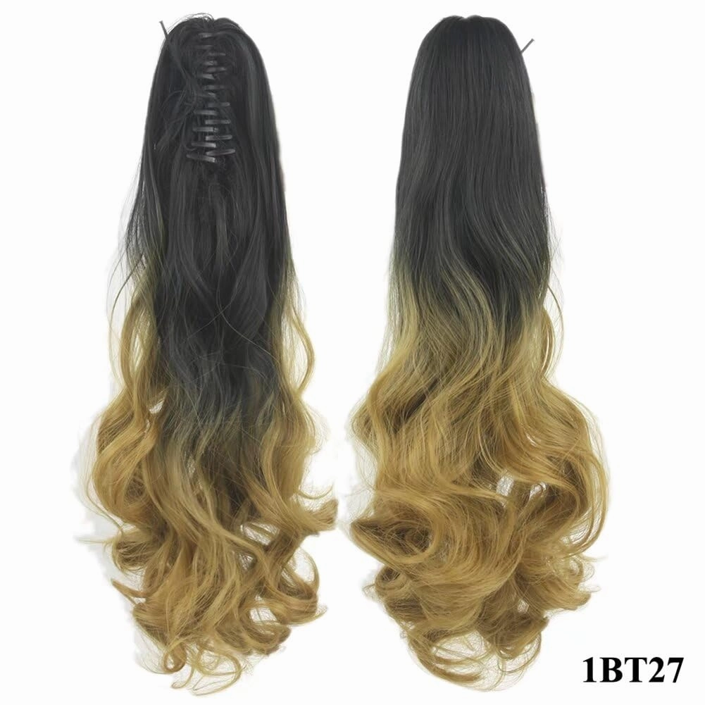 iLUU Synthetic Ponytail Hair Extension 24" 130g Long Thick Hairpiece Pony Tail Ombre Color Natural Black to Dark Blonde Fashion Women's Curly Hair Extensions for Daily Party Use