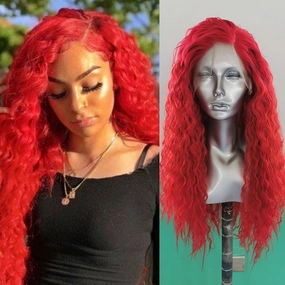 Imeya Long Wavy Red Wigs with Side Part Natural Looking, Synthetic Lace Front Red Curly Wigs for Women, Bright Red Cosplay Wig for Daily Use Costume Themed Party 24 Inch