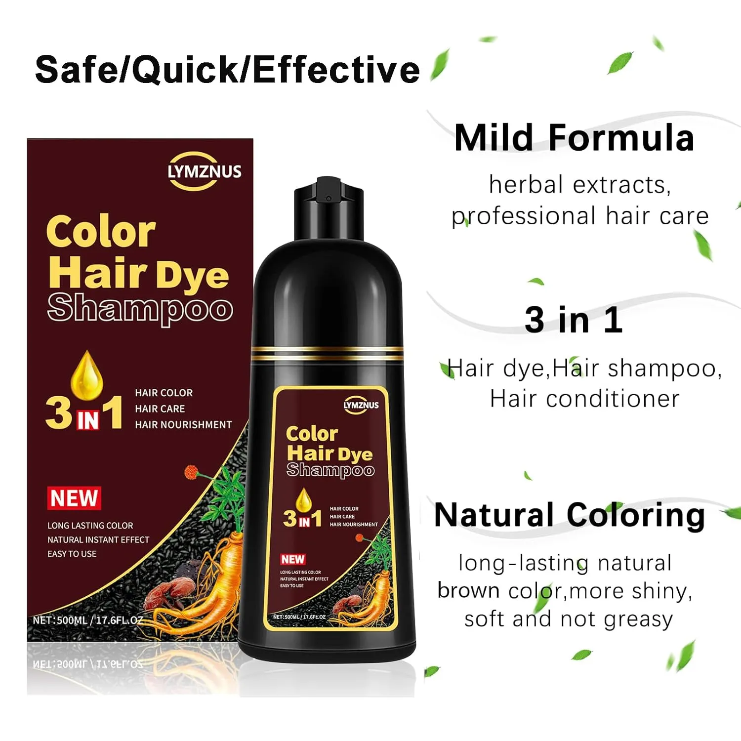 Instant Herbal Blonde Brown Hair Dye Shampoo 3 in 1, Colors in Minutes, Brown Hair Color Shampoo for Men and Women, 500ml