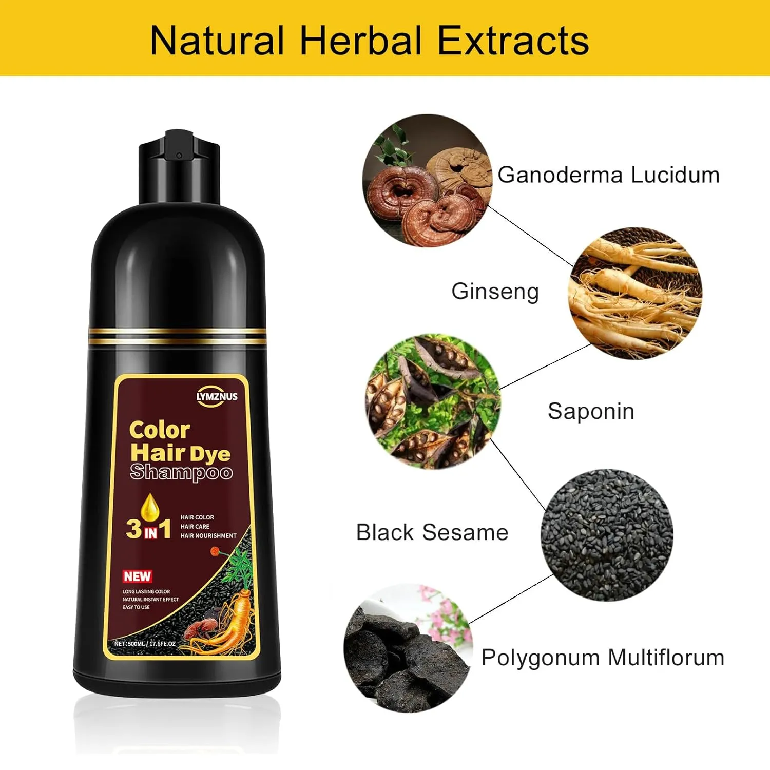 Instant Herbal Blonde Brown Hair Dye Shampoo 3 in 1, Colors in Minutes, Brown Hair Color Shampoo for Men and Women, 500ml