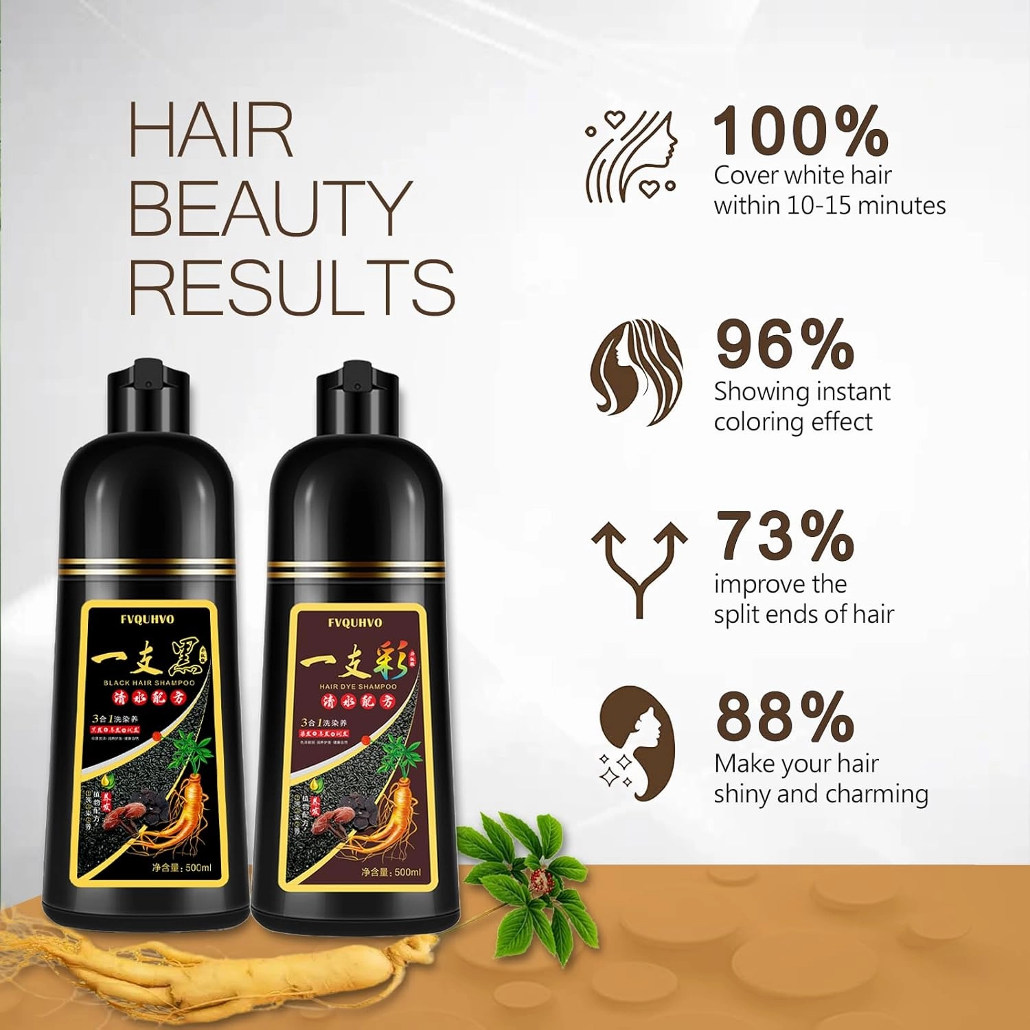 Instant Blonde Brown Hair Dye Shampoo 500ml for Men & Women, 3 in 1 Golden Color 100% Gray Coverage, Natural Dye in Minutes 17.6 Fl Oz