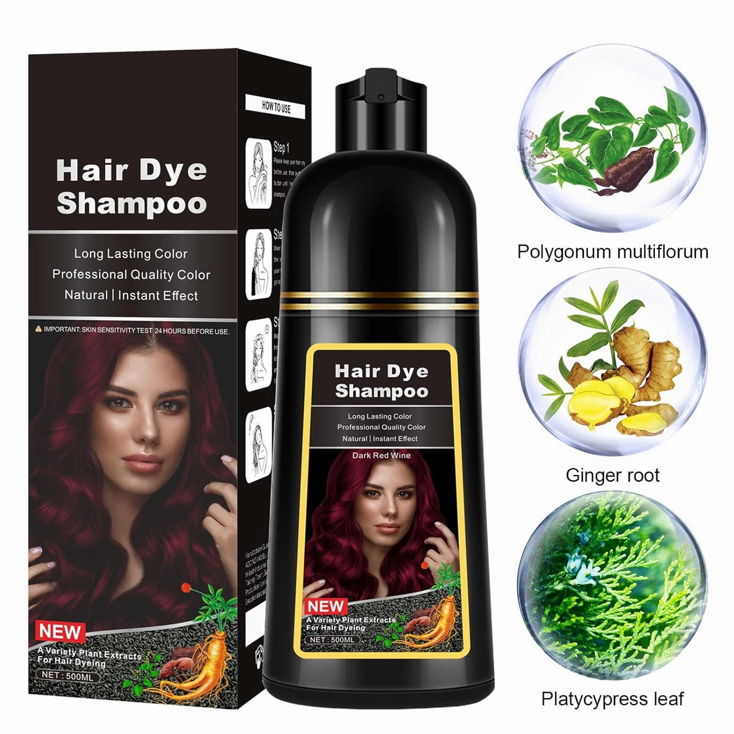 Instant Dark Wine Red Hair Dye Shampoo 3 in 1 for Gray Hair, Natural Hair Color Shampoo for Men & Women, 17.6 FL OZ Herbal Red Hair Shampoo & Red Hair Dye Colors in Minutes