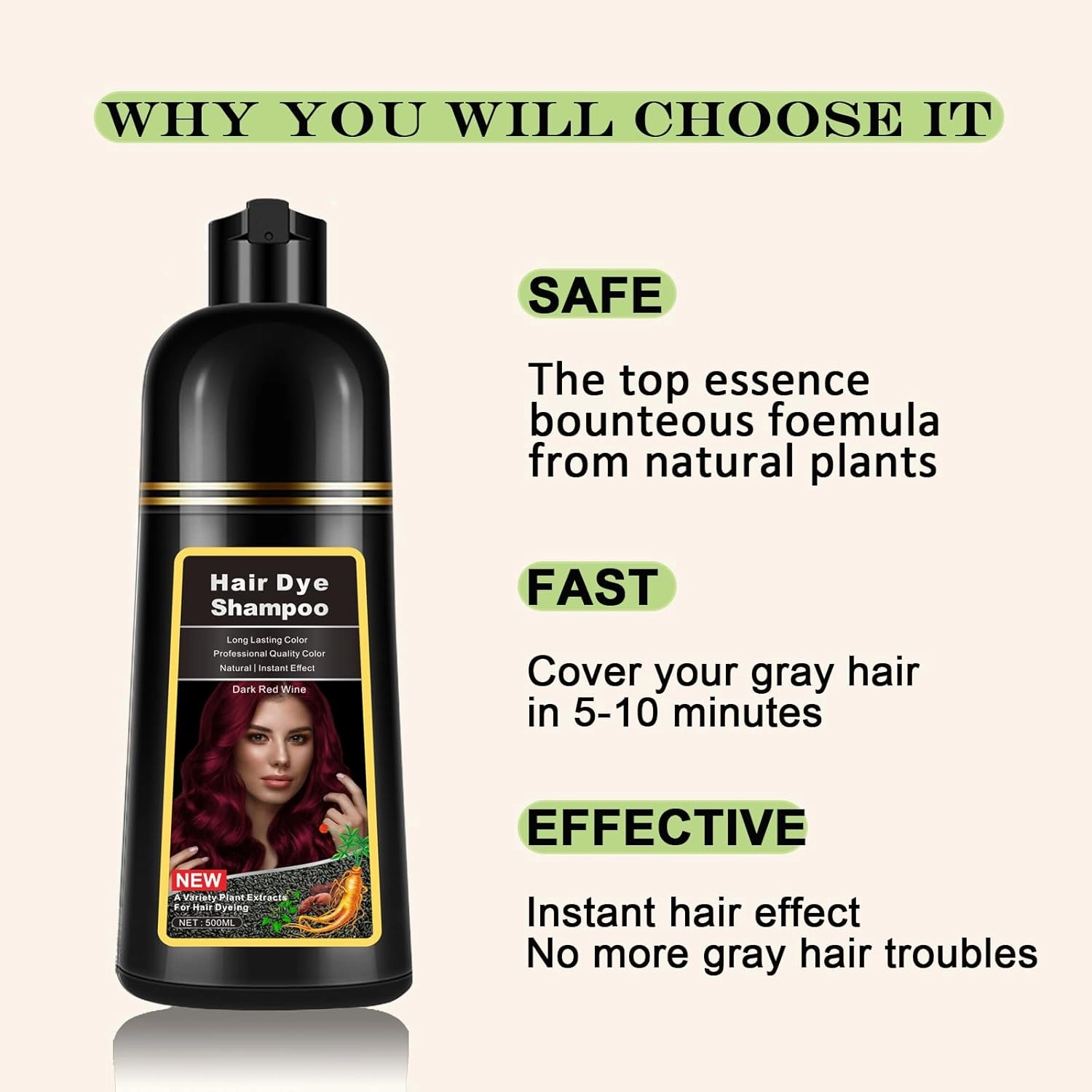 Instant Dark Wine Red Hair Dye Shampoo 3 in 1 for Gray Hair, Natural Hair Color Shampoo for Men & Women, 17.6 FL OZ Herbal Red Hair Shampoo & Red Hair Dye Colors in Minutes