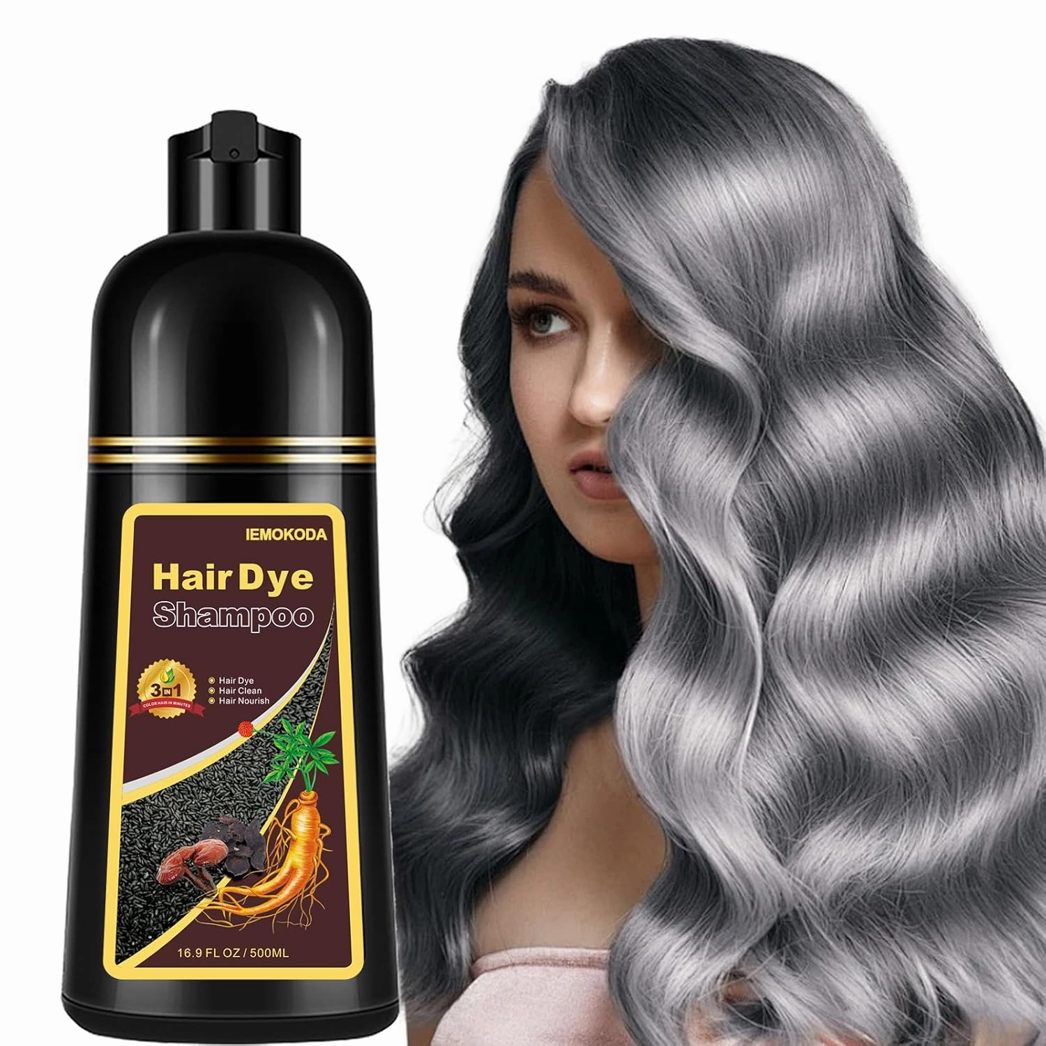 Instant Silver Gray Hair Color Shampoo, 3-in-1 Long-Lasting Dye for Women and Men - Works in Minutes