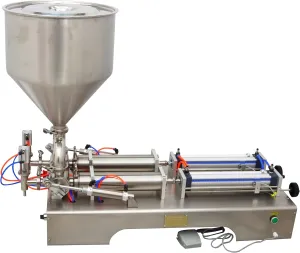 INTSUPERMAI Pneumatic Paste Liquid Filling Machine 100ml-1000ml Horizontal Liquid and Paste Bottle Filling Machine for Toothpaste Cream Oil Chilli Sauce 110V Two Nozzles