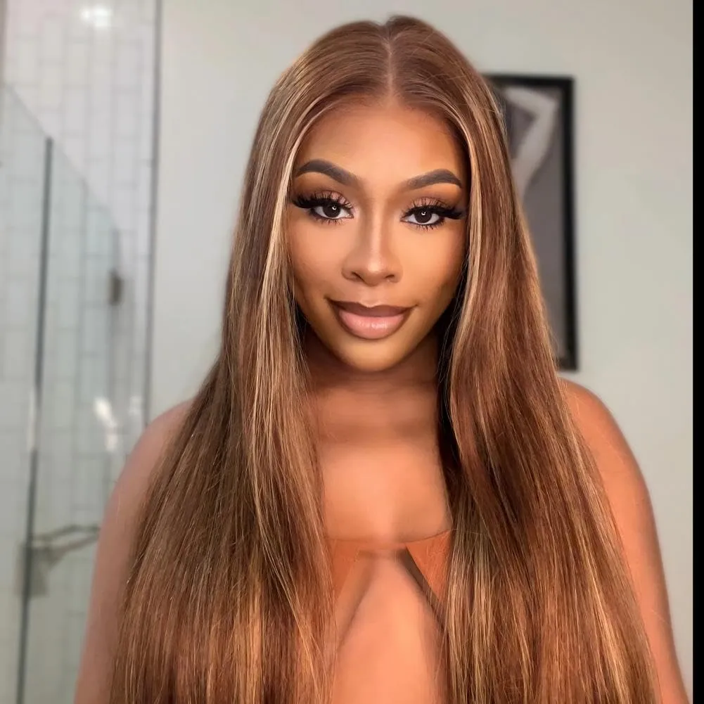 ISEE HAIR M-Cap Straight Wear Go Glueless Wig Human Hair Pre Plucked Pre Cut 9x6 HD Lace Pre Bleached Tiny Knots Human Hair Wigs For Women (Highlight 4/27, 18 Inch)