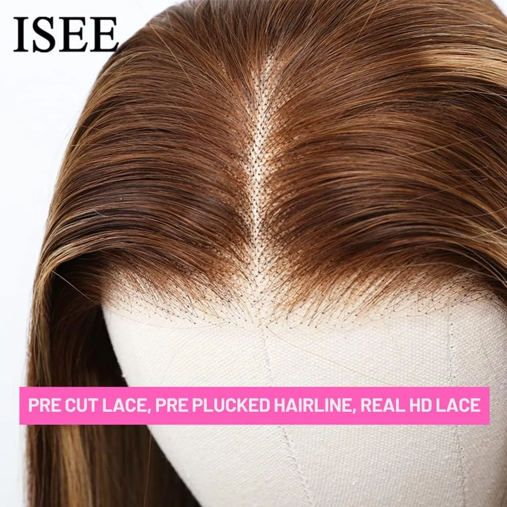 ISEE HAIR M-Cap Straight Wear Go Glueless Wig Human Hair Pre Plucked Pre Cut 9x6 HD Lace Pre Bleached Tiny Knots Human Hair Wigs For Women (Highlight 4/27, 18 Inch)