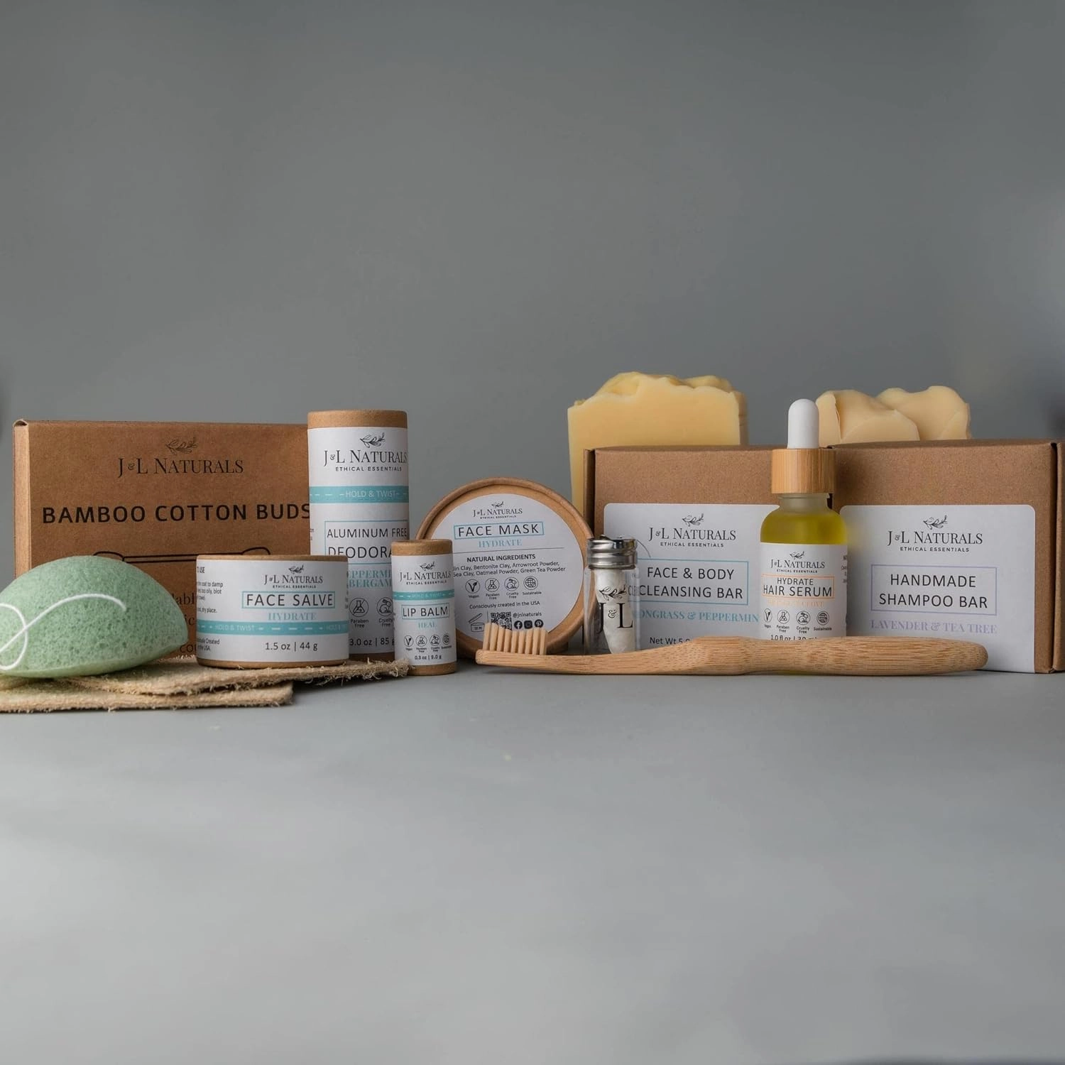 J&L Naturals | Exceptional Self-Care Kit With Cleanser, Konjac Sponge, Face Mask, Face Salve, Lip Balm, Shampoo, Hair Serum, Deodorant, Toothbrush & More (Hydrate (dry), Exceptional)