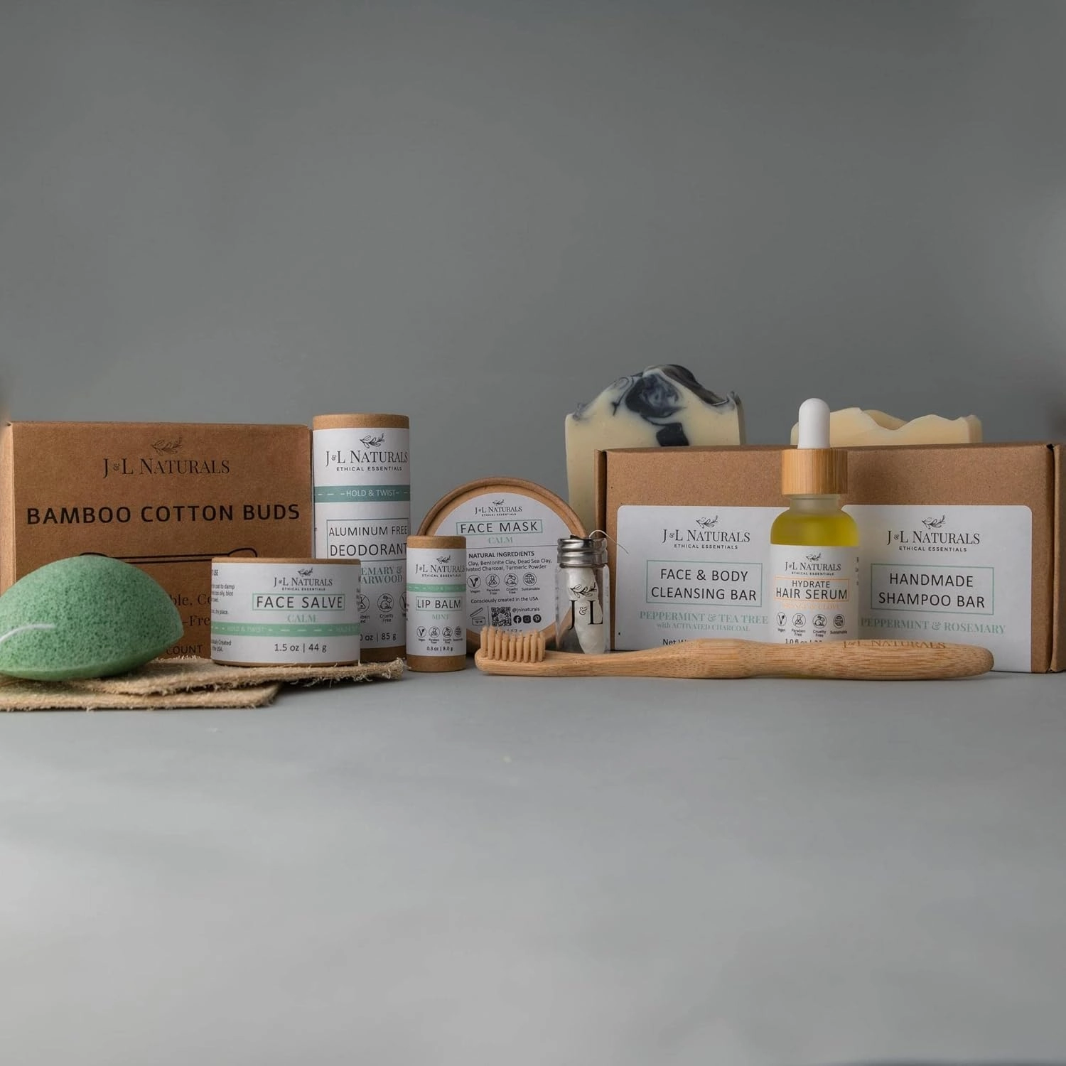 J&L Naturals | Exceptional Self-Care Kit With Cleanser, Konjac Sponge, Face Mask, Face Salve, Lip Balm, Shampoo, Hair Serum, Deodorant, Toothbrush & More (Hydrate (dry), Exceptional)