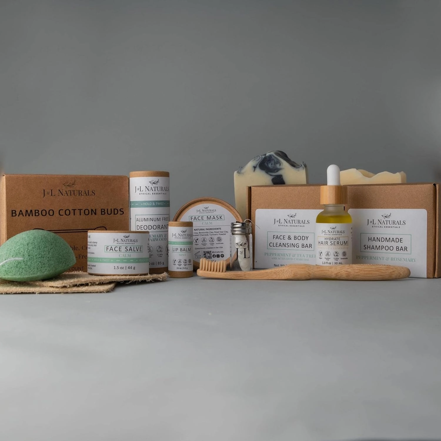 J&L Naturals | Exceptional Self-Care Kit With Cleanser, Konjac Sponge, Face Mask, Face Salve, Lip Balm, Shampoo, Hair Serum, Deodorant, Toothbrush & More (Hydrate (dry), Exceptional)