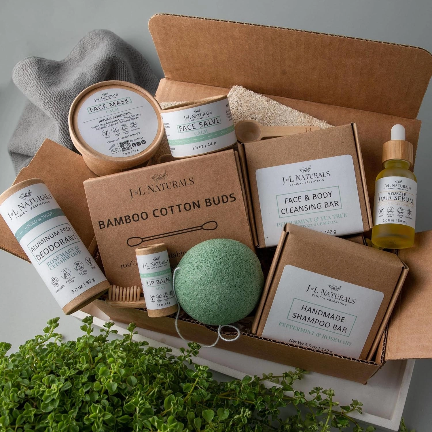 J&L Naturals | Exceptional Self-Care Kit With Cleanser, Konjac Sponge, Face Mask, Face Salve, Lip Balm, Shampoo, Hair Serum, Deodorant, Toothbrush & More (Hydrate (dry), Exceptional)